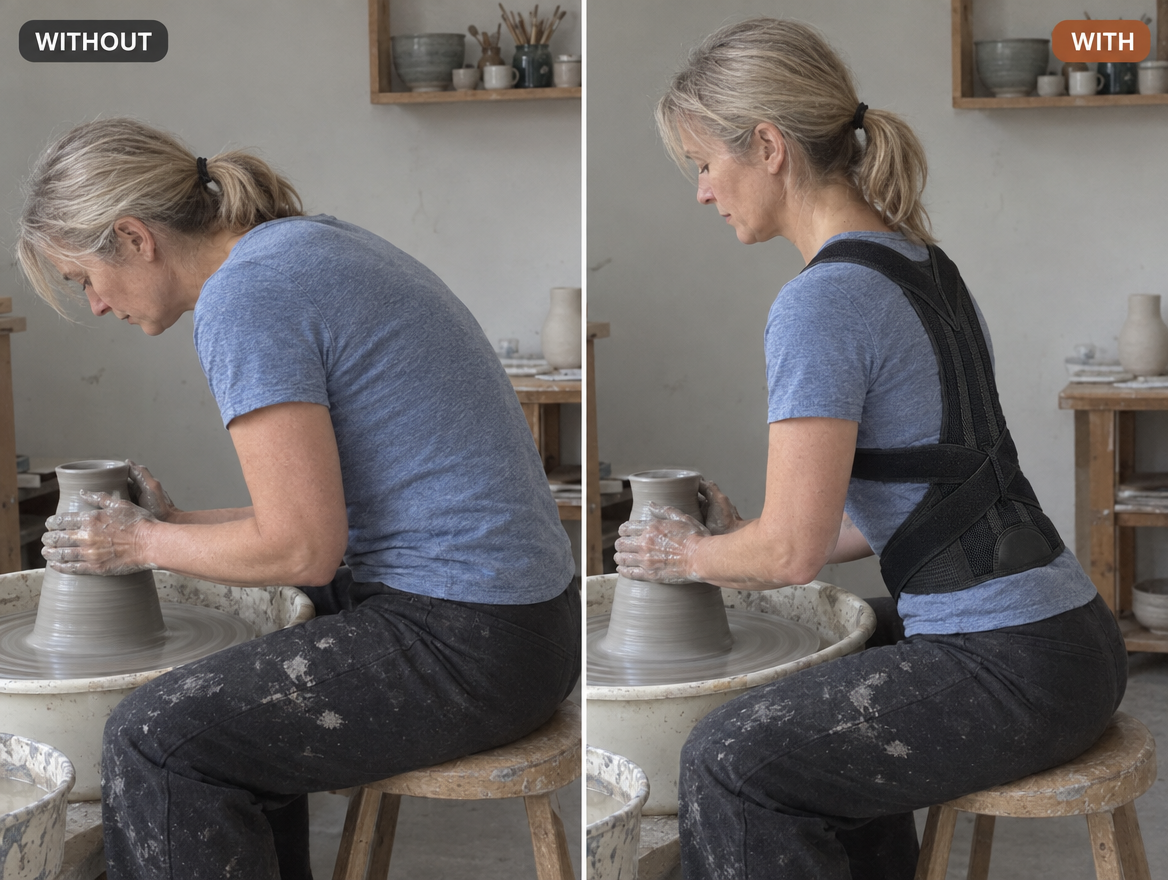 The same potter at the wheel without and with WheelBrace